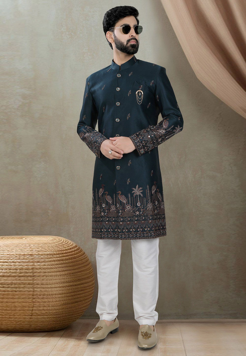 Teal Silk Indo Western Suit 311725