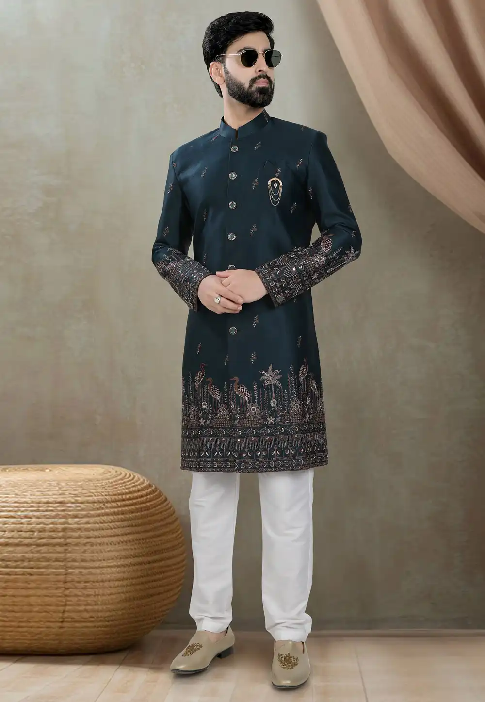 Teal Silk Indo Western Suit 311725