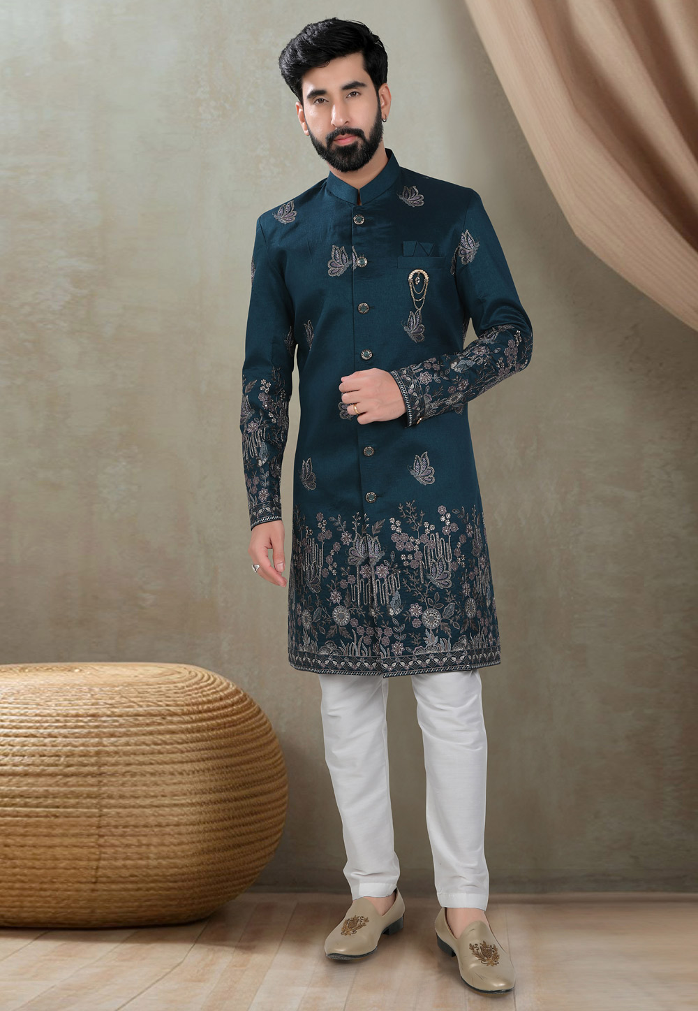 Teal Silk Indo Western Suit 311731