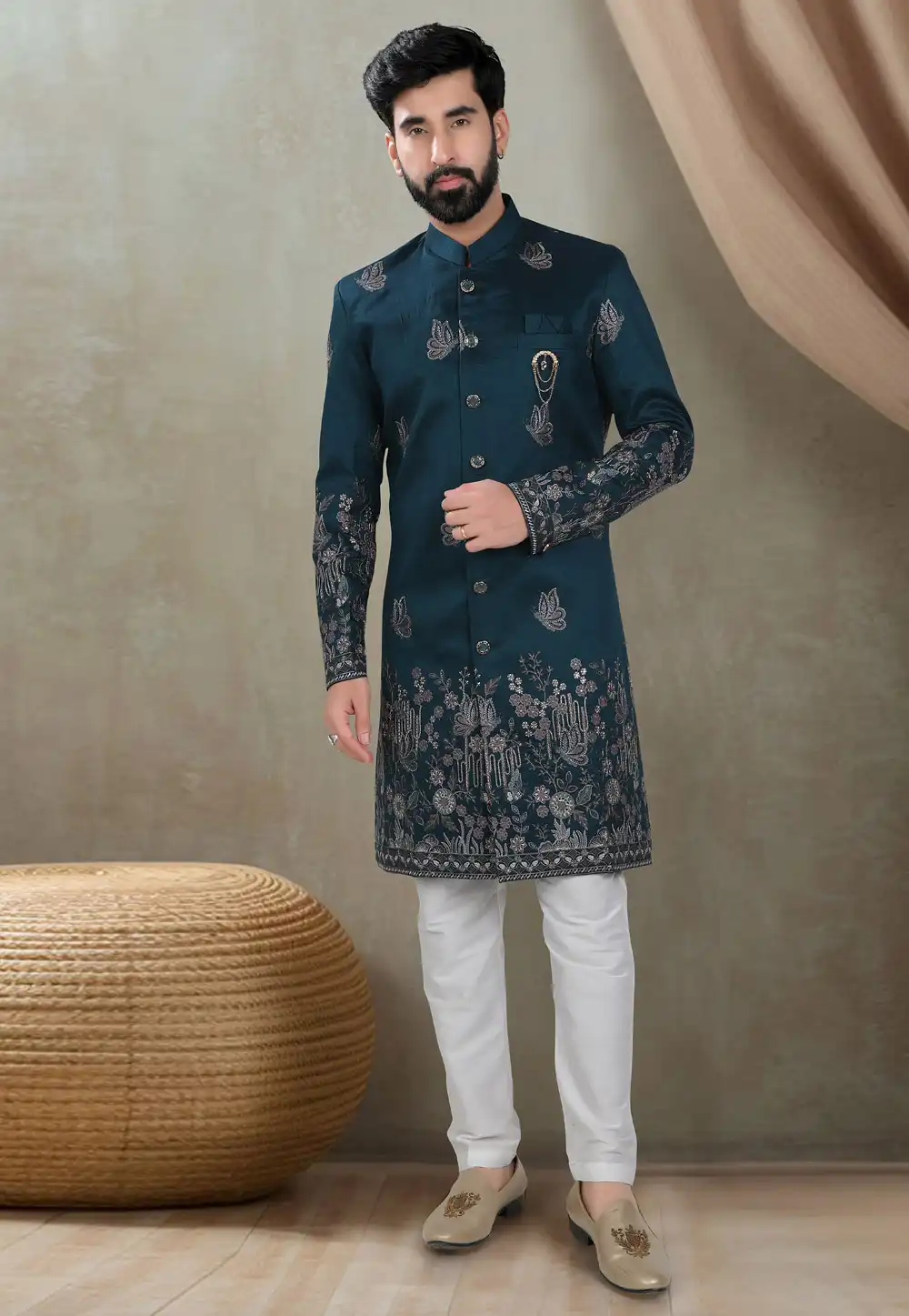 Teal Silk Indo Western Suit 311731