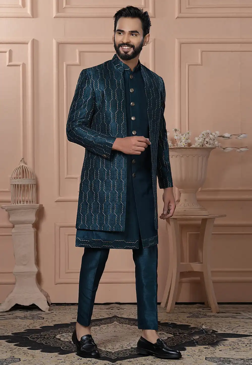 Teal Silk Jacket Style Sherwani 315070