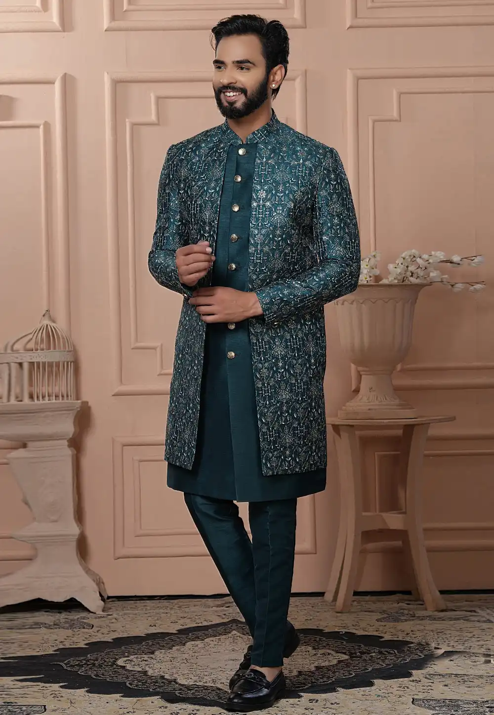 Teal Silk Jacket Style Sherwani 315077