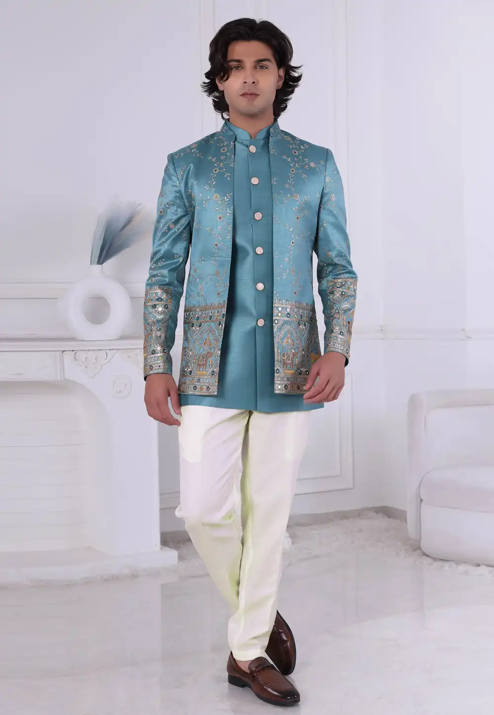Teal Silk Jodhpuri Suit 315006