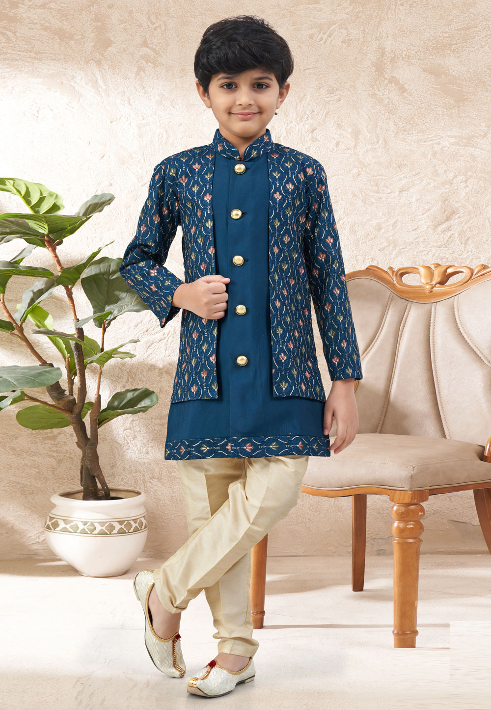 Teal Silk Kids Indo Western Suit 324255