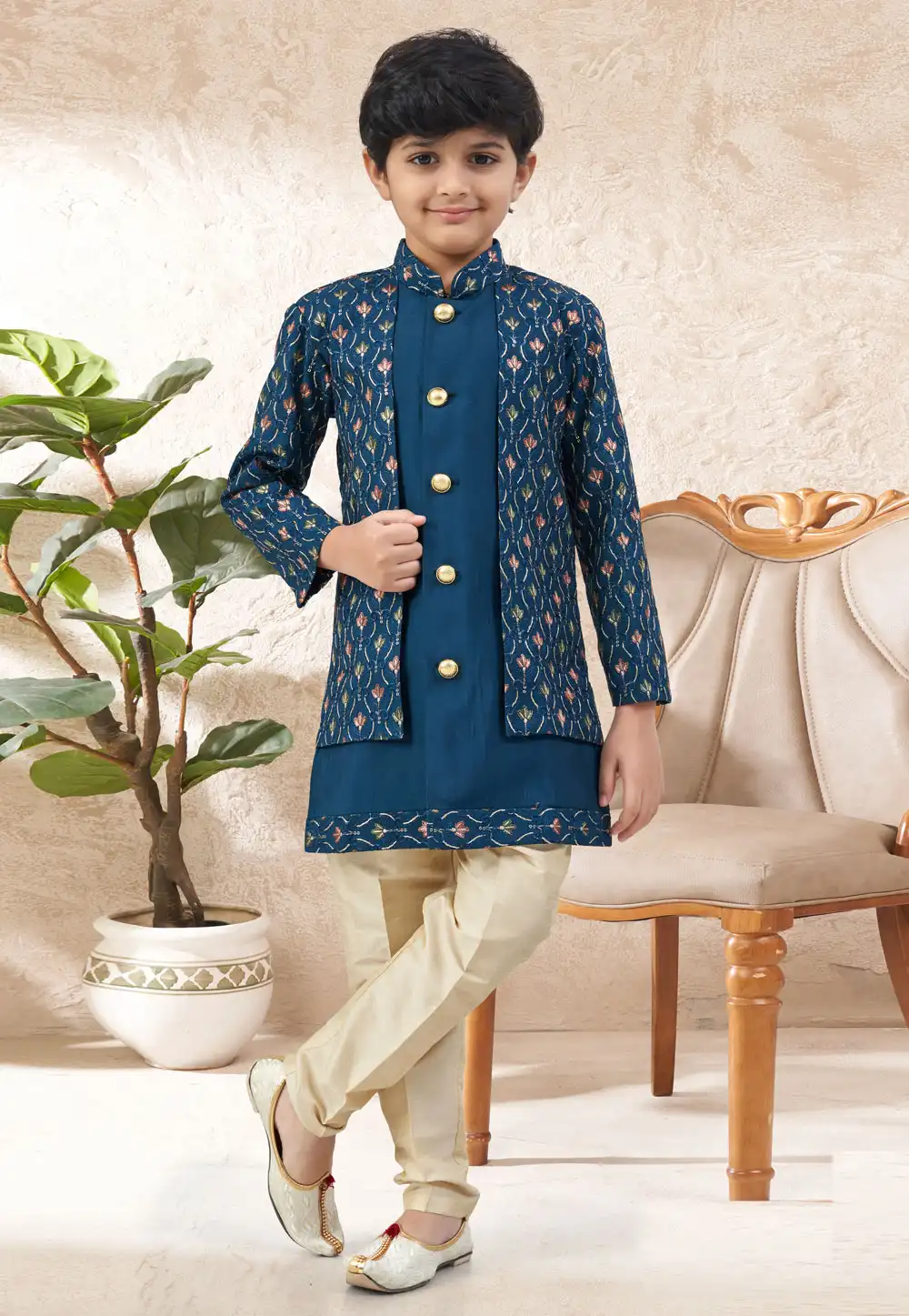 Teal Silk Kids Indo Western Suit 324255