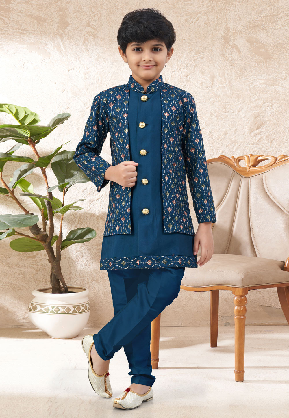 Teal Silk Kids Indo Western Suit 328713