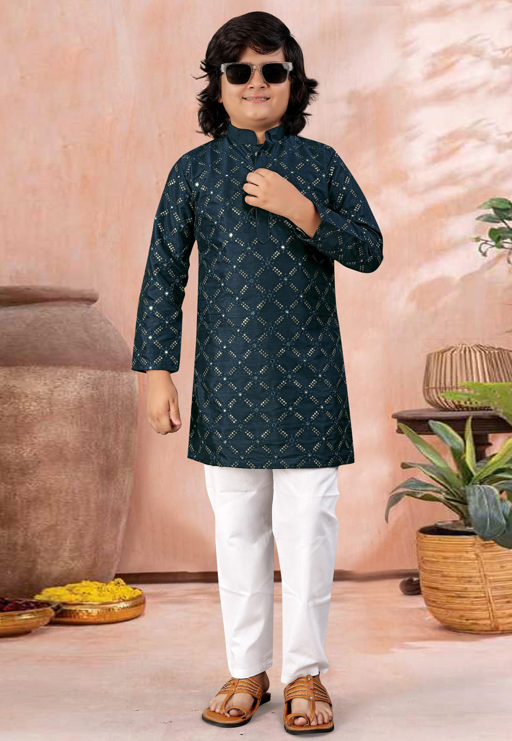 Teal Silk Kids Kurta Pajama 315703