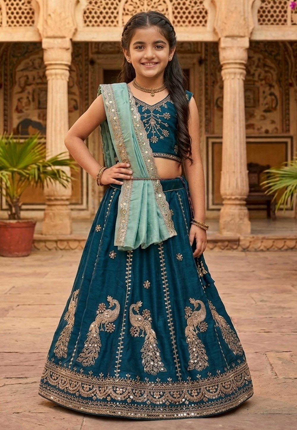 Teal Silk Kids Lehenga Choli 328272