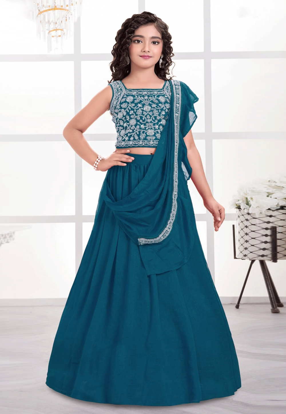 Teal Silk Kids Lehenga Choli 325190