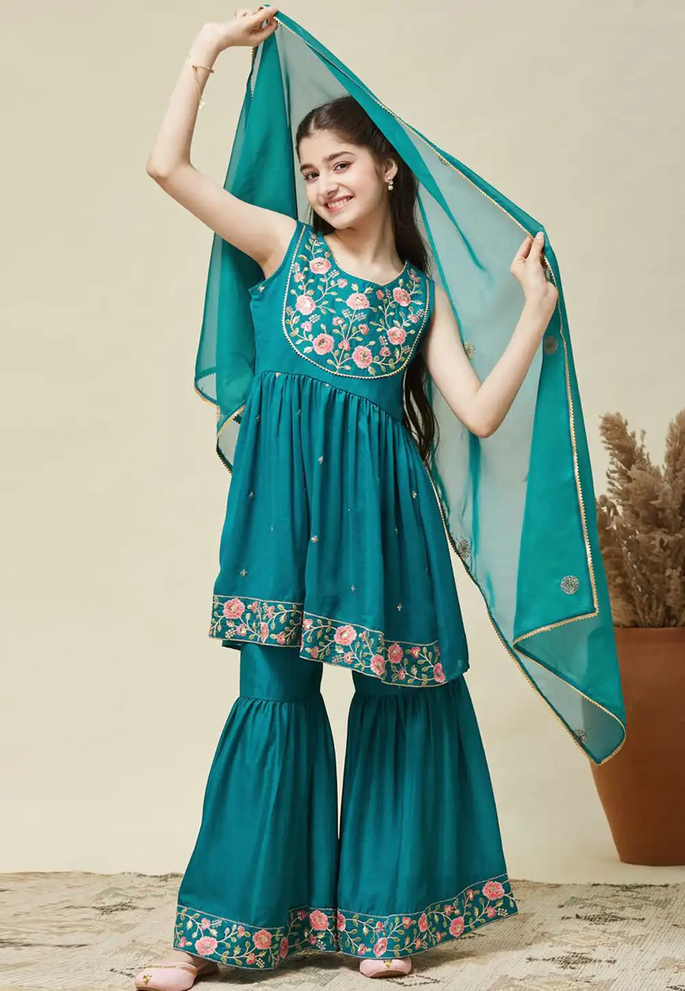 Teal Silk Kids Sharara Suit 323612