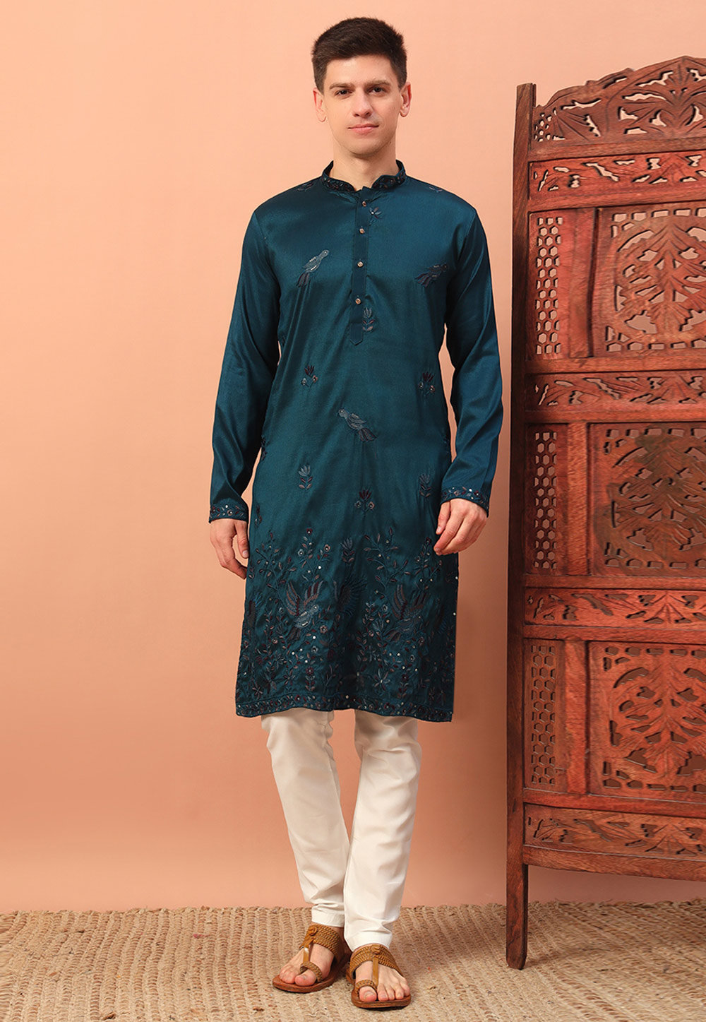 Teal Silk Kurta Pajama 308626