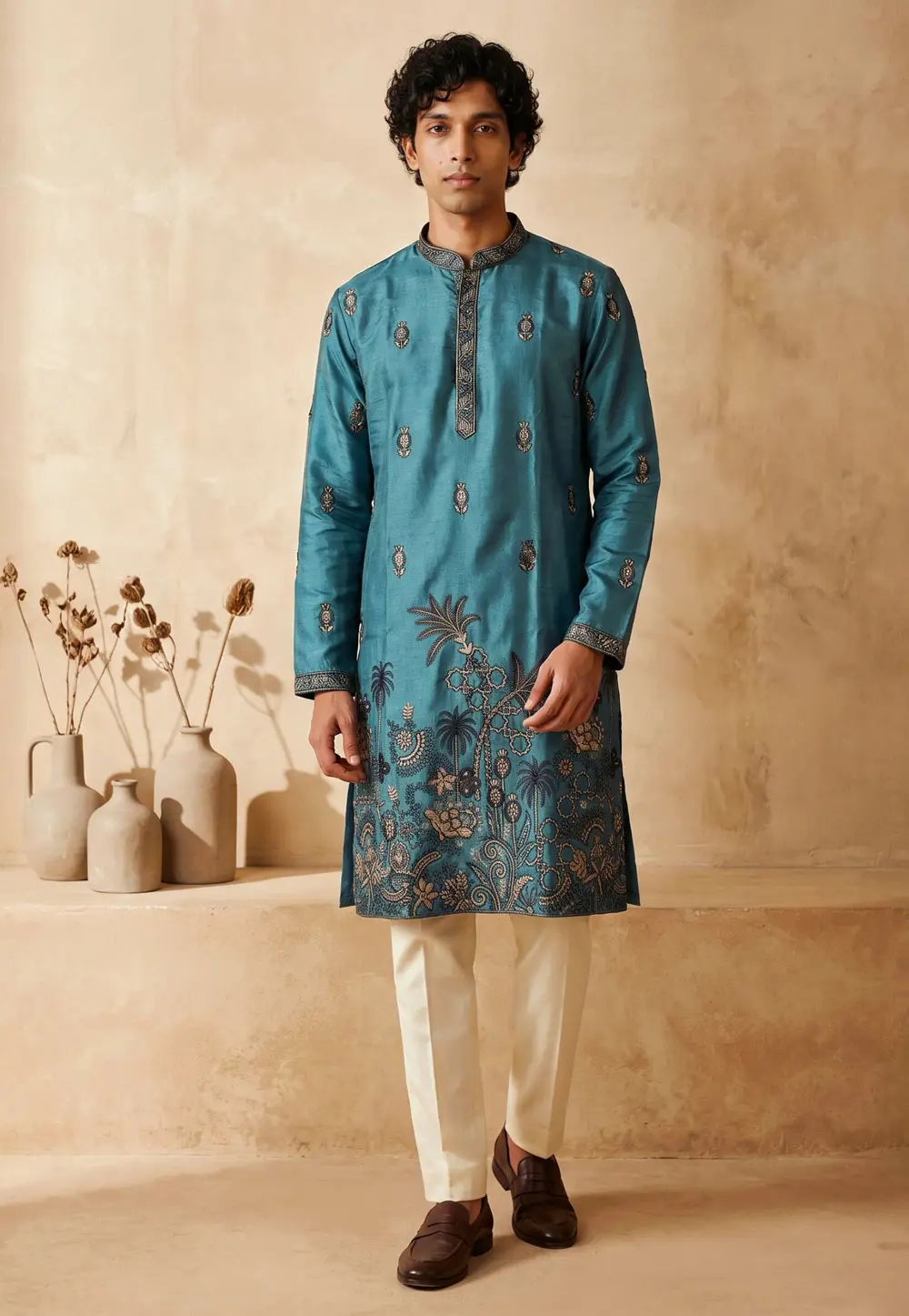 Teal Silk Kurta Pajama 336208