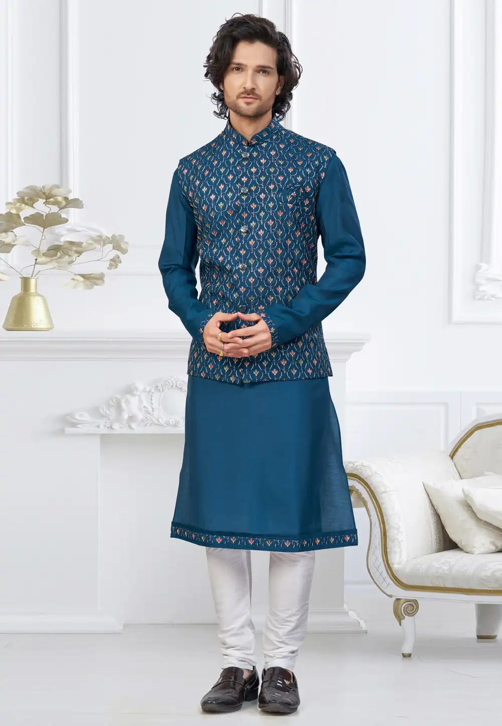Teal Silk Kurta Pajama With Jacket 317866