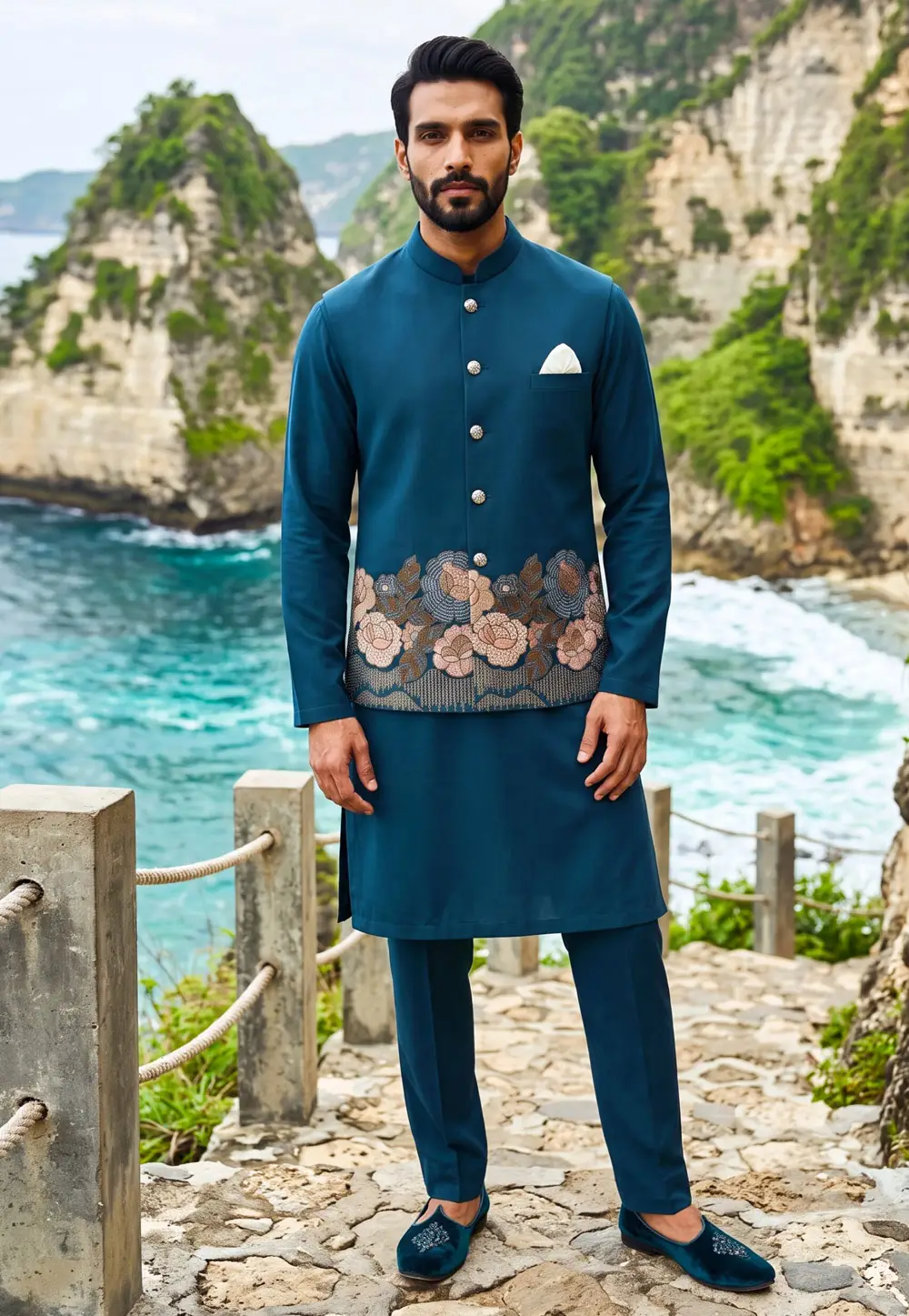 Teal Silk Kurta Pajama With Jacket 337210