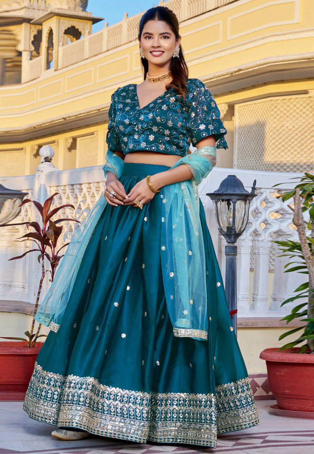 Teal Silk Lehenga Choli 321913