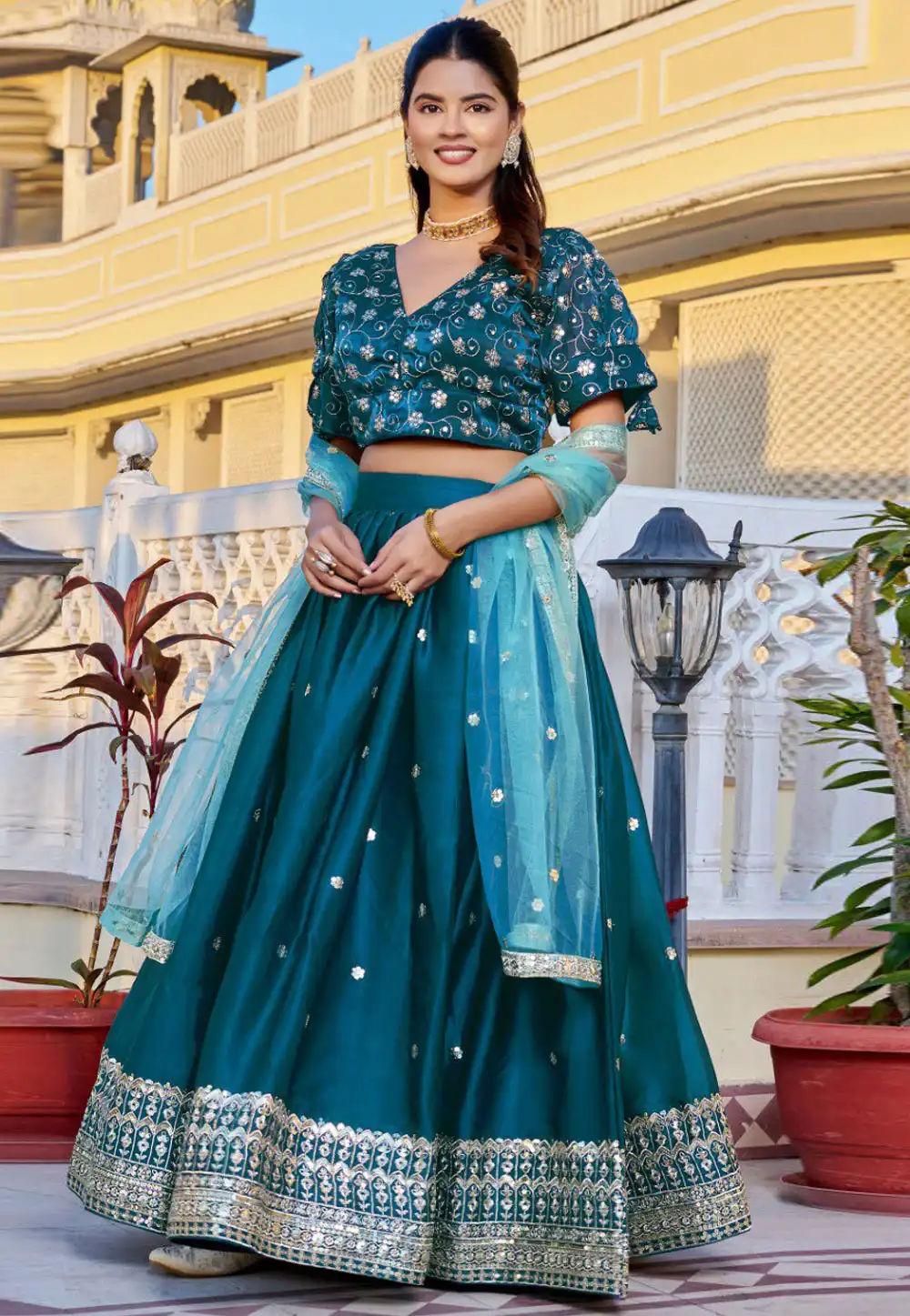 Teal Silk Lehenga Choli 321913