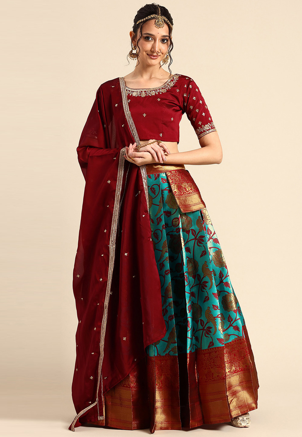 Teal Silk Lehenga Choli 312197