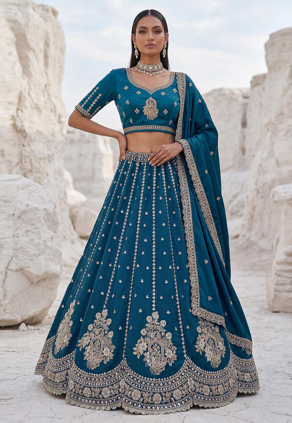 Teal Silk Lehenga Choli 329129