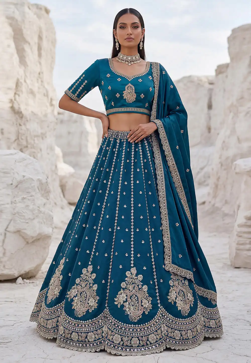 Teal Silk Lehenga Choli 329129