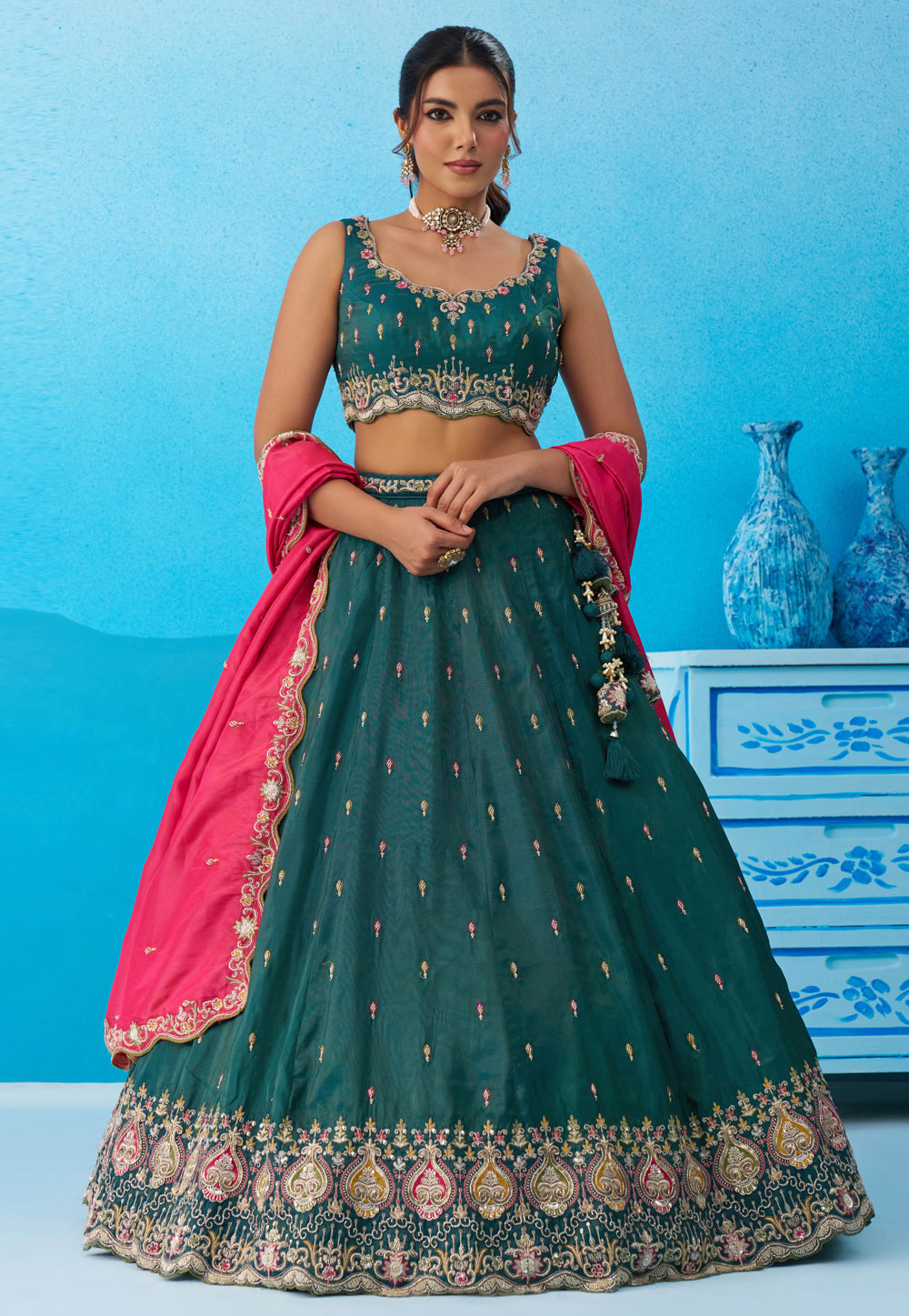 Teal Silk Lehenga Choli For Wedding 328218