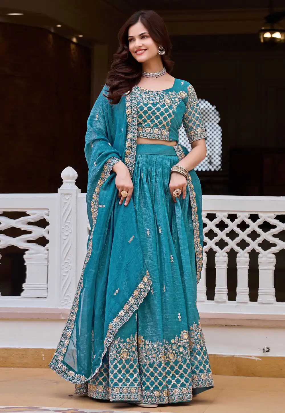 Teal Silk Lehenga Choli 330443