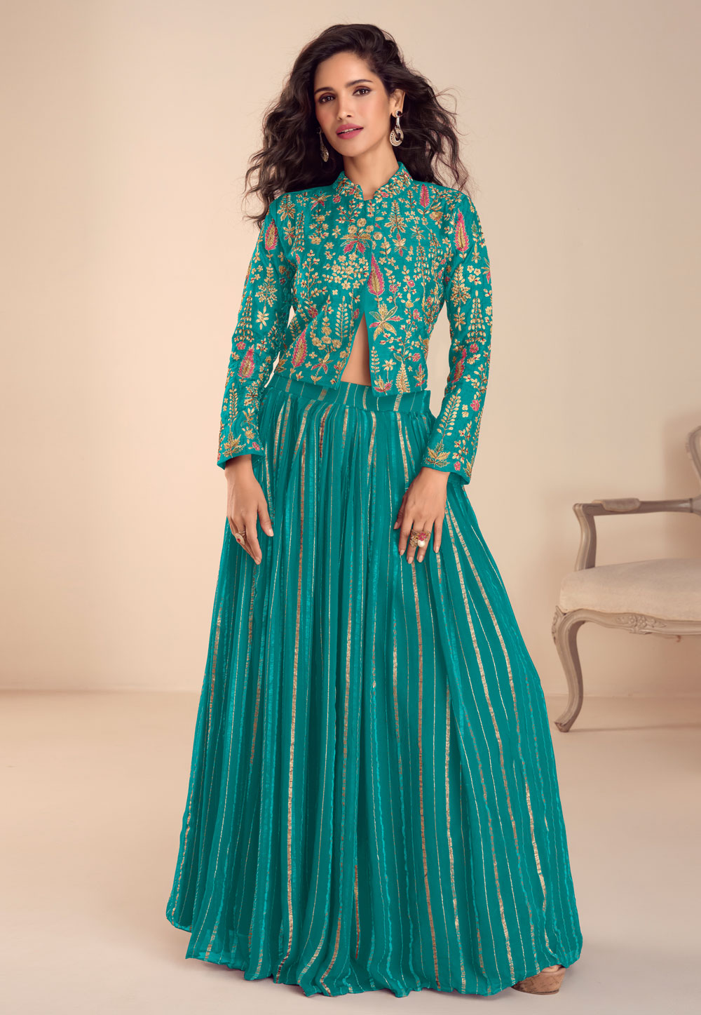 Teal Silk Long Choli Lehenga 326823