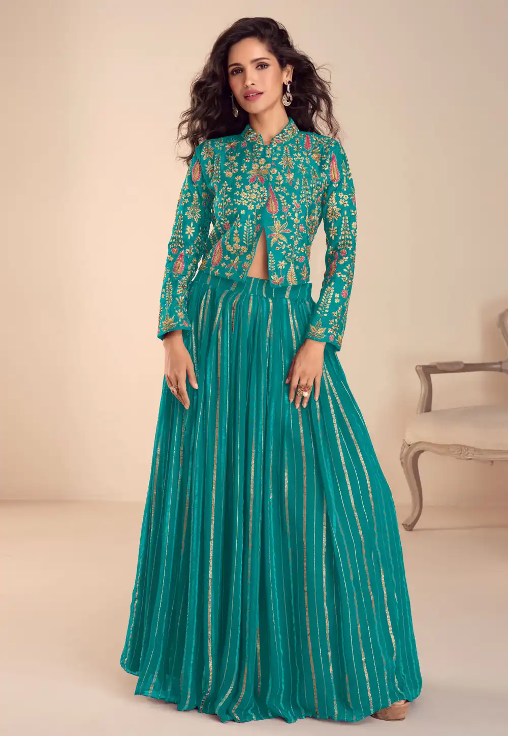 Teal Silk Long Choli Lehenga 326823