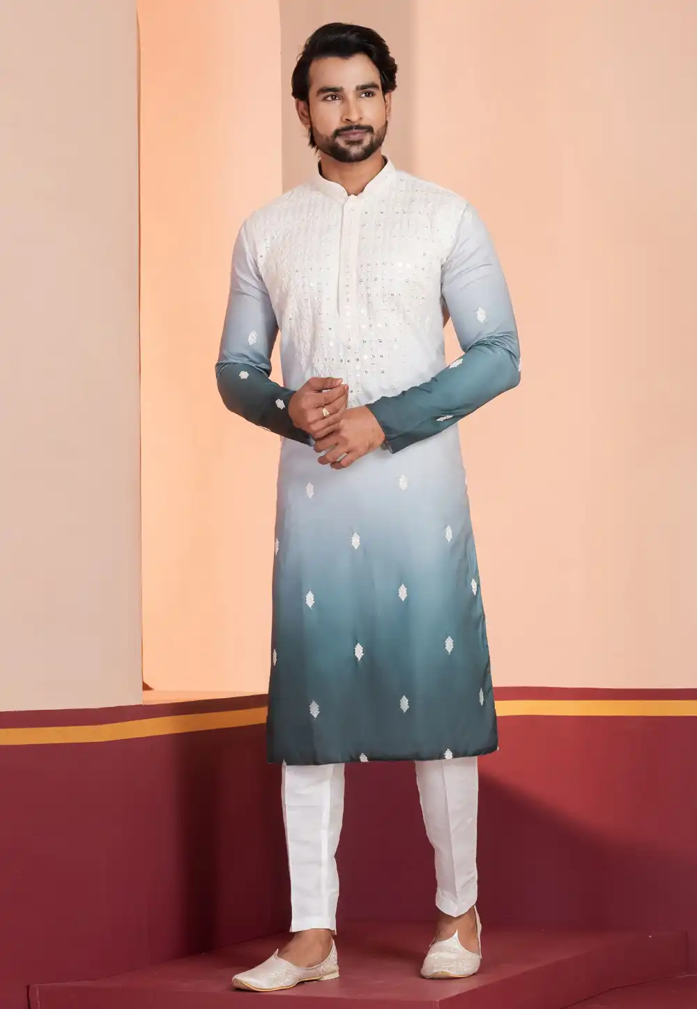 Teal Silk Navratri Kurta Pajama 314988