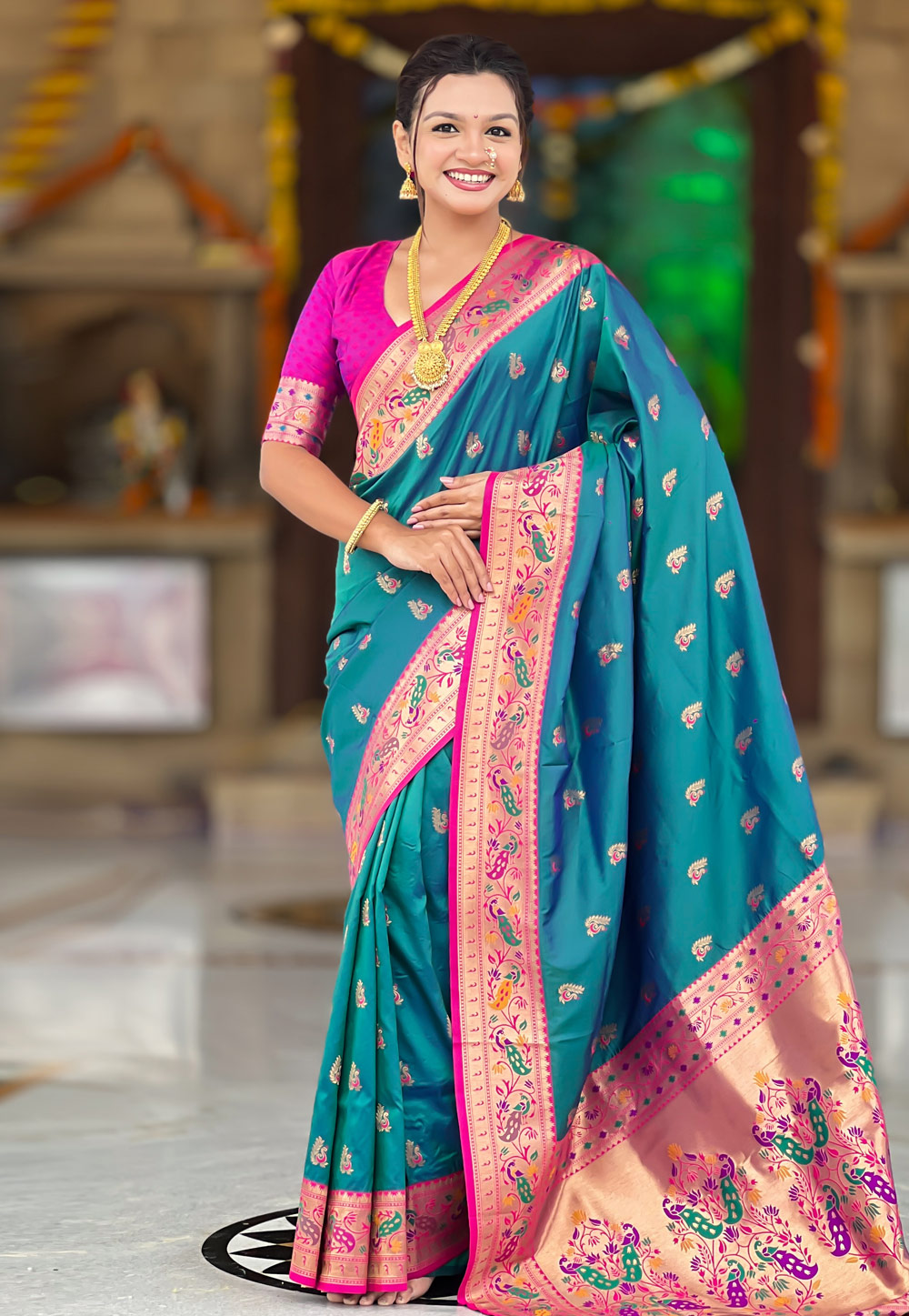 Teal Silk Paithani Saree 323596