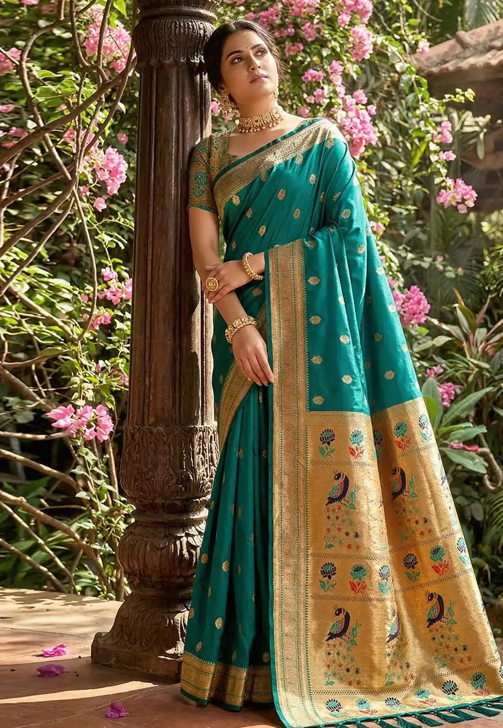 Teal Silk Paithani Saree 329495