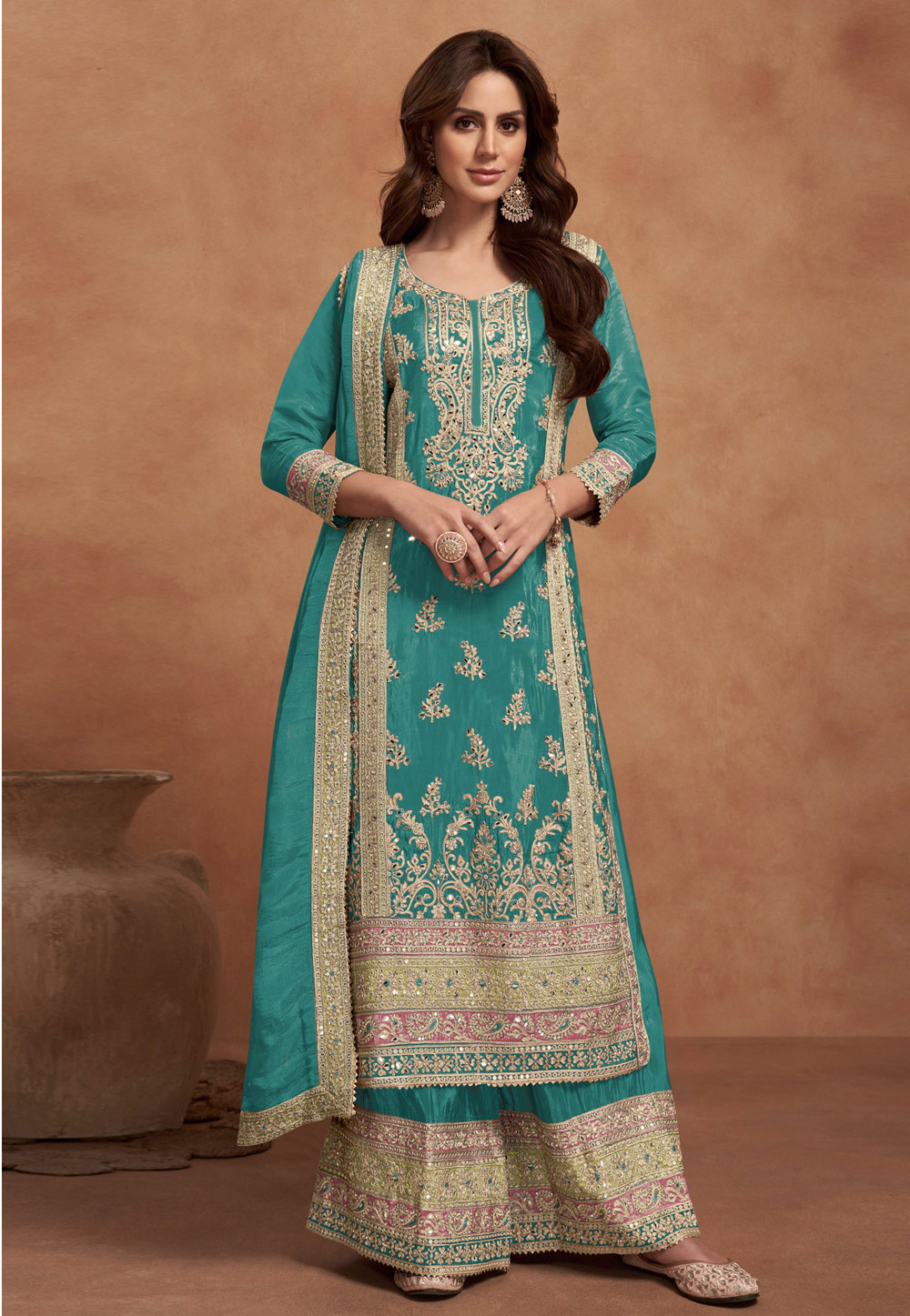 Teal Silk Pakistani Suit 308414