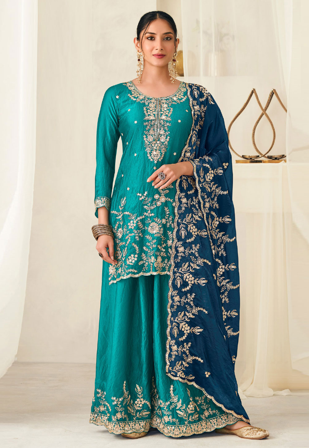 Teal Silk Pakistani Suit 322717