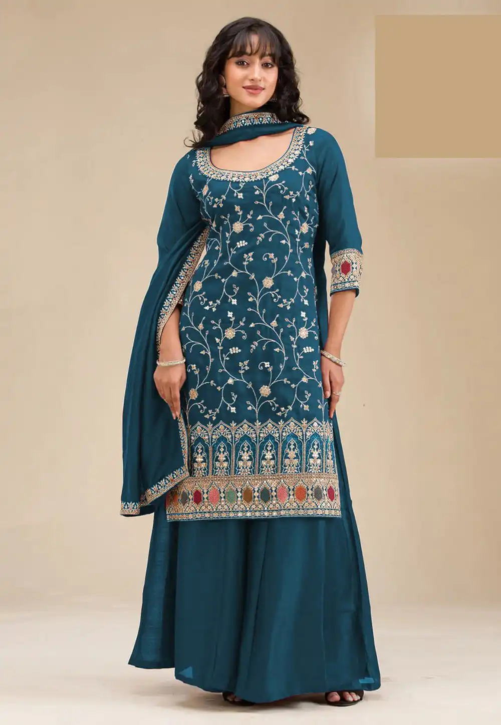 Teal Silk Palazzo Suit 317288