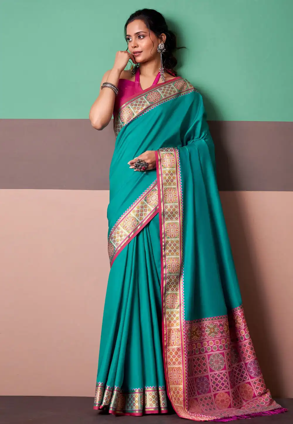 Teal Silk Patola Saree 328189