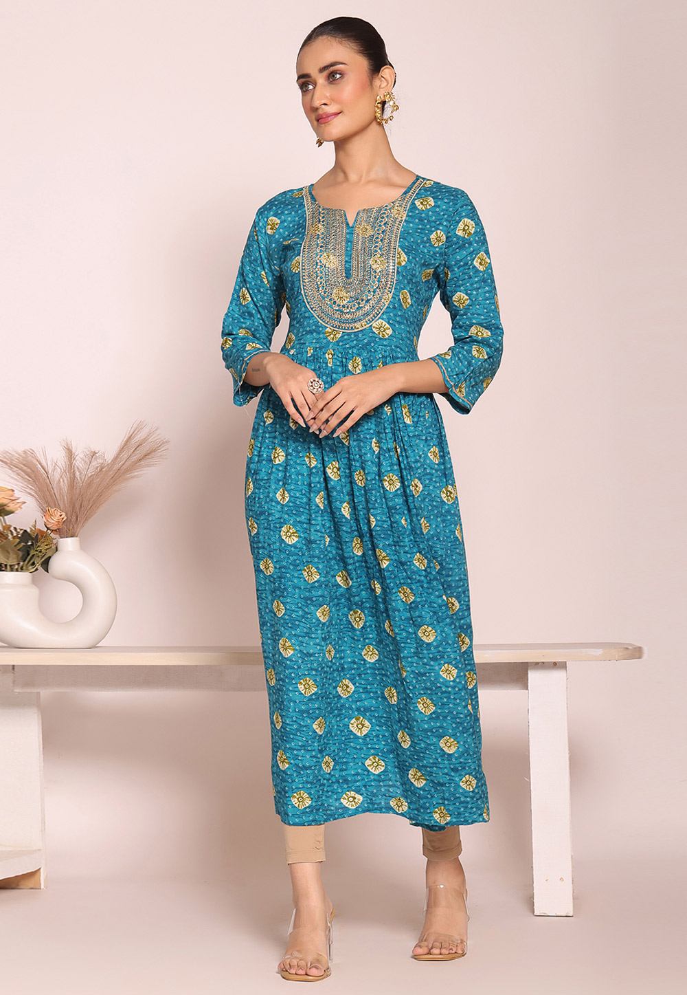 Teal Silk Printed Gown 325521