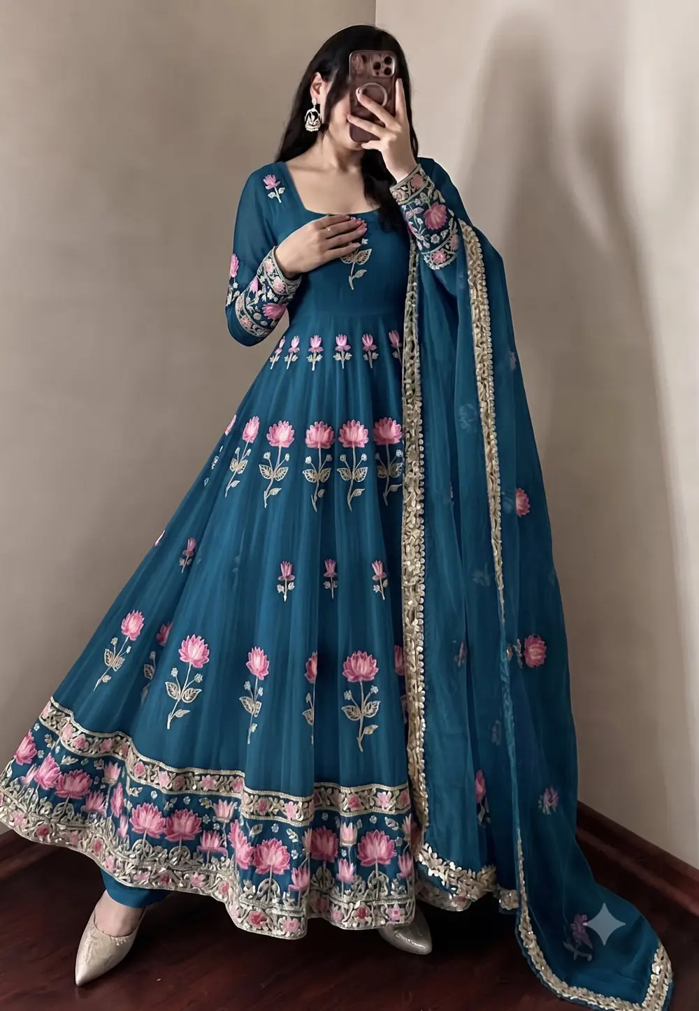 Teal Silk Readymade Anarkali Suit 336242
