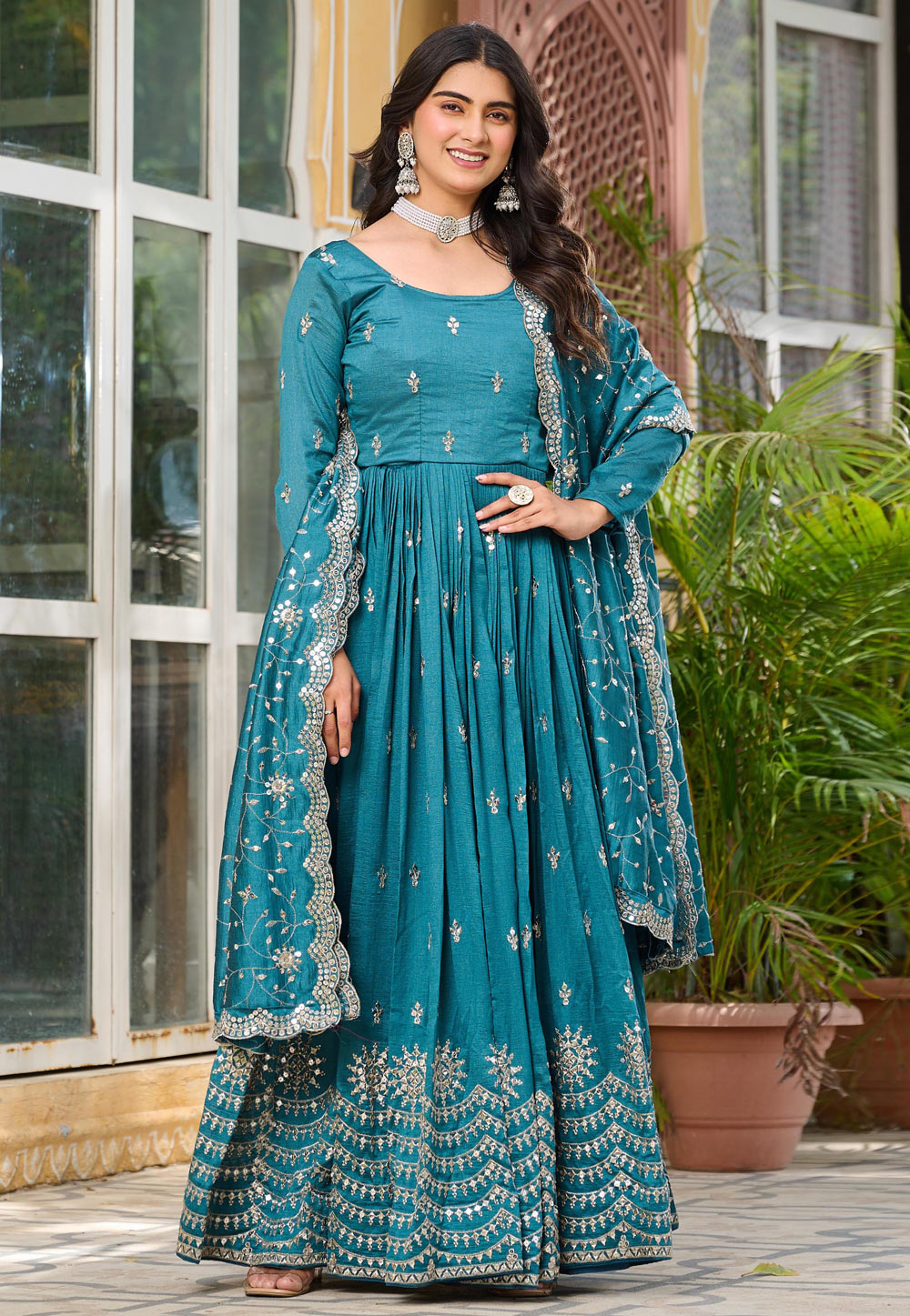 Teal Silk Readymade Anarkali Suit 309058