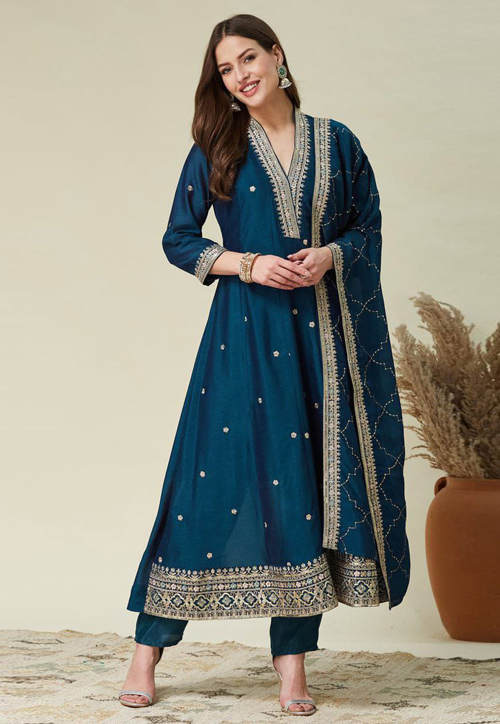 Teal Silk Readymade Anarkali Suit 324145