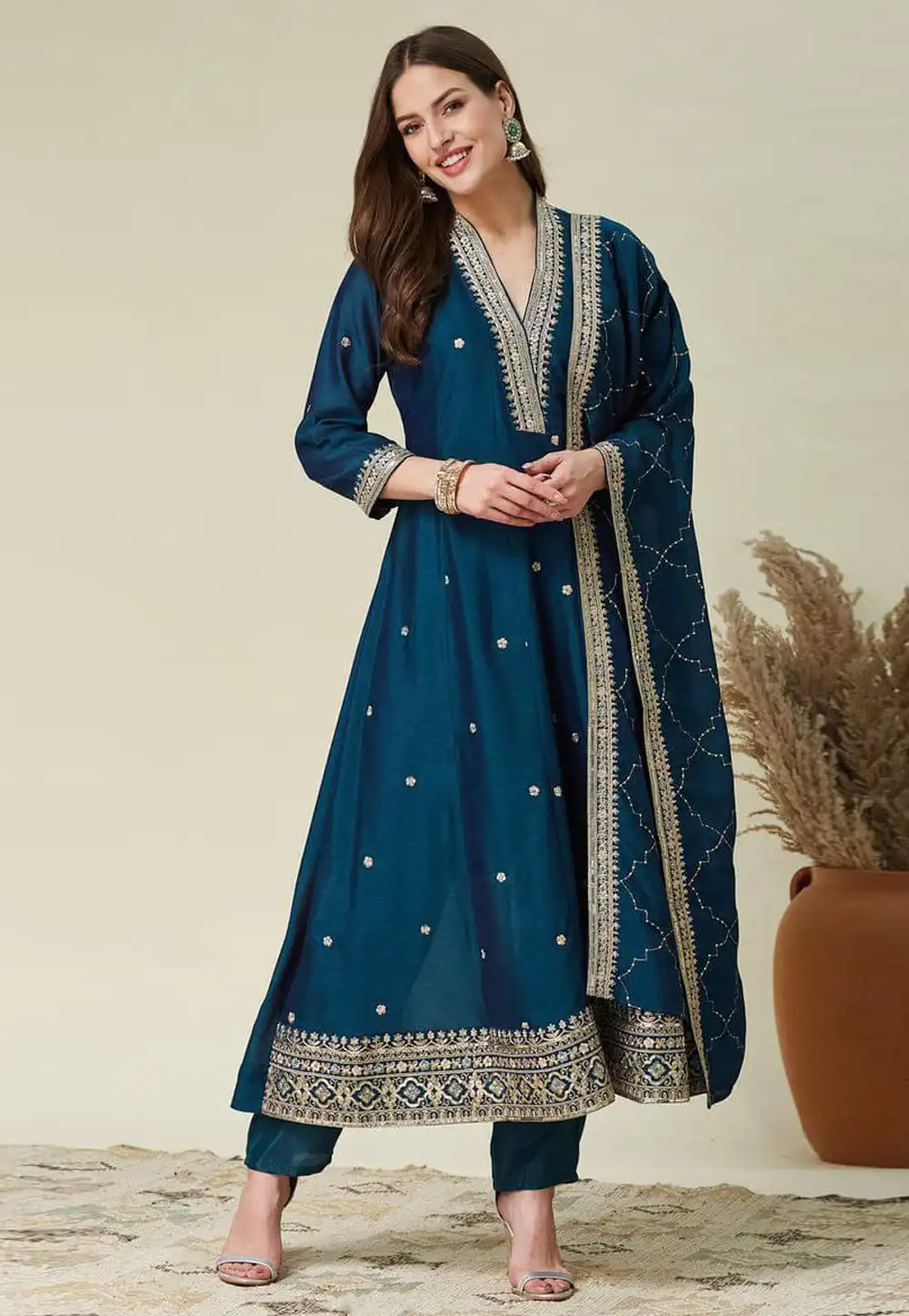 Teal Silk Readymade Anarkali Suit 324145