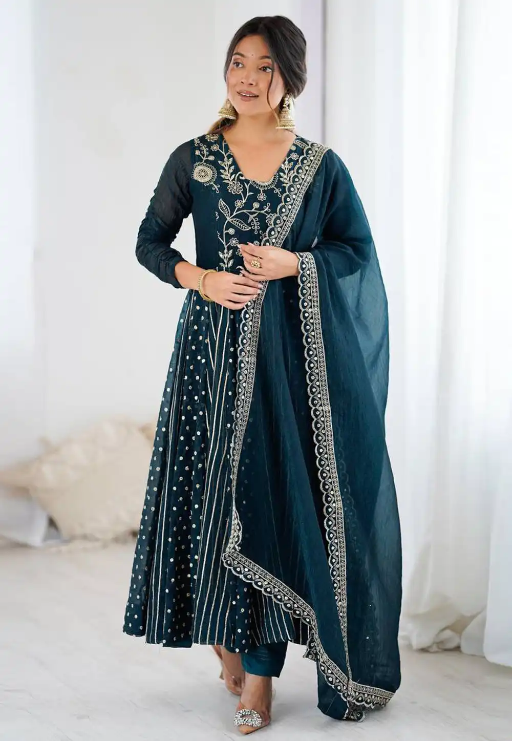 Teal Silk Readymade Anarkali Suit 317124