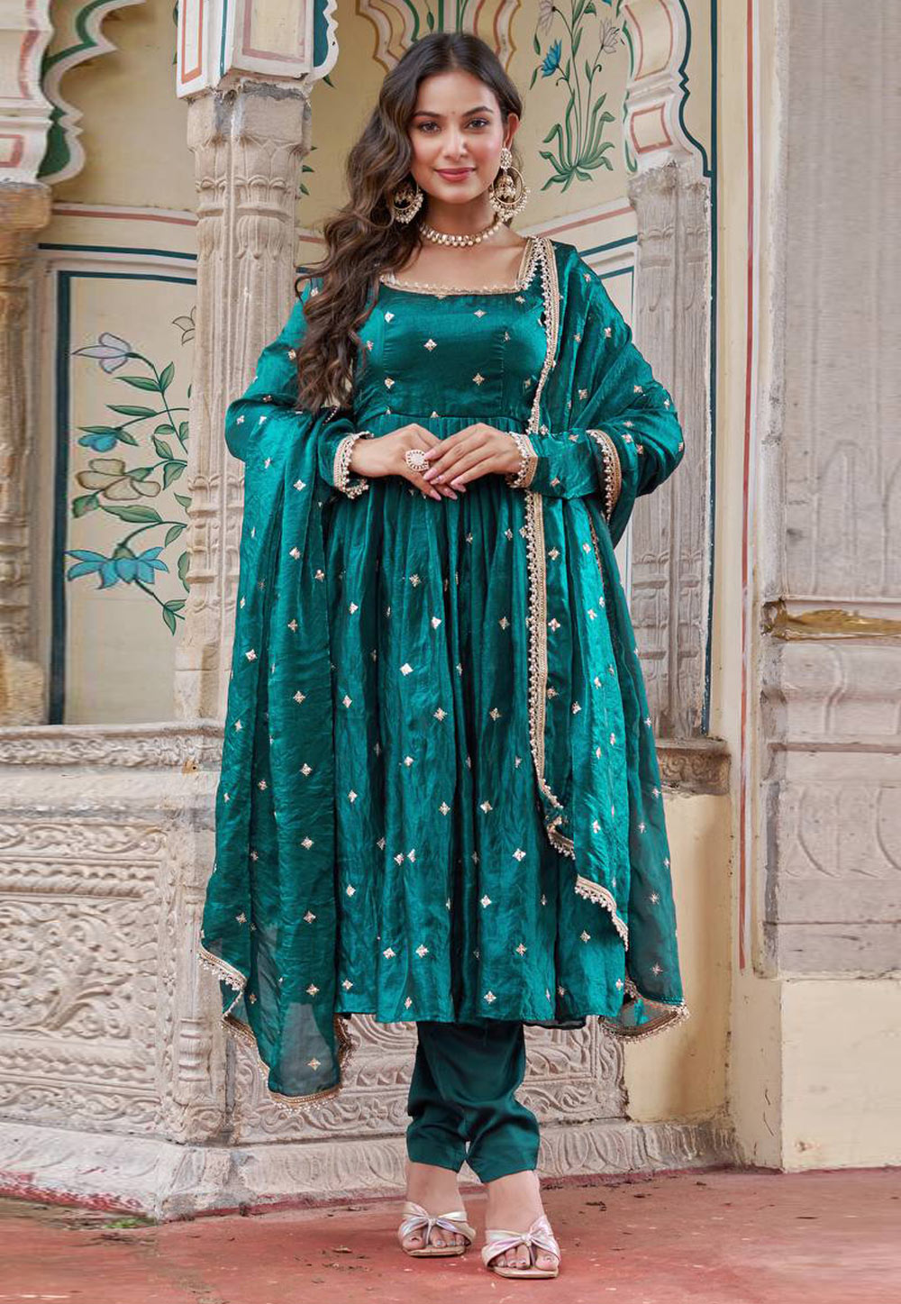 Teal Silk Readymade Anarkali Suit 326602
