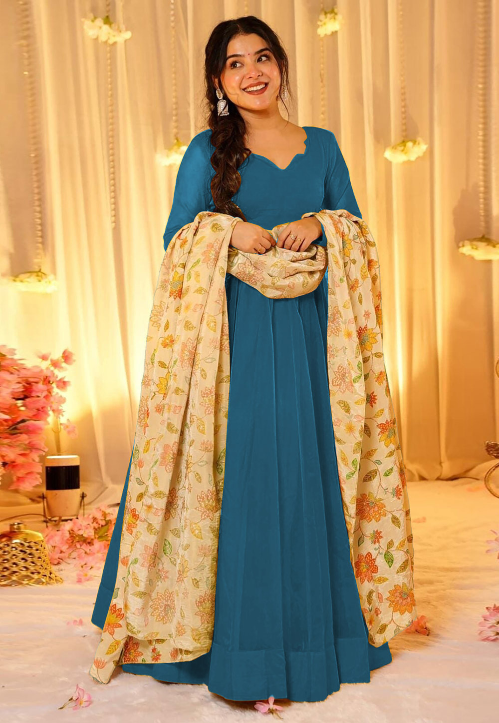 Teal Silk Readymade Anarkali Suit 325899
