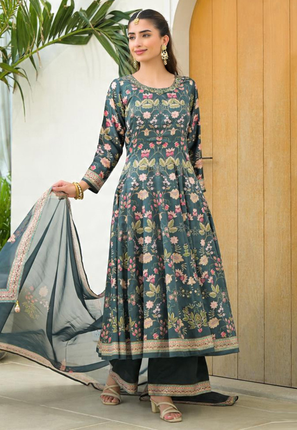 Teal Silk Readymade Anarkali Suit 322399