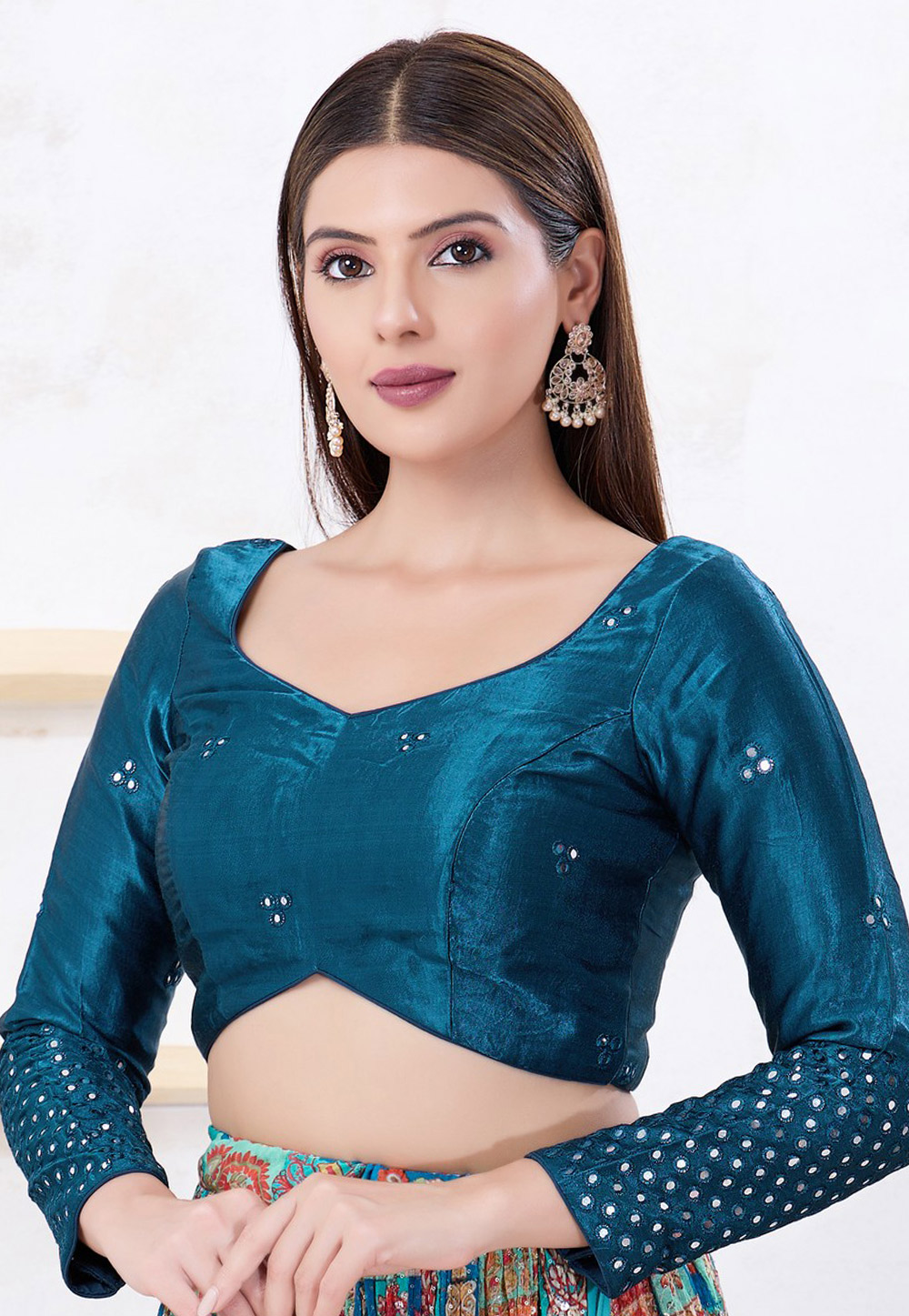 Teal Silk Readymade Blouse 325803