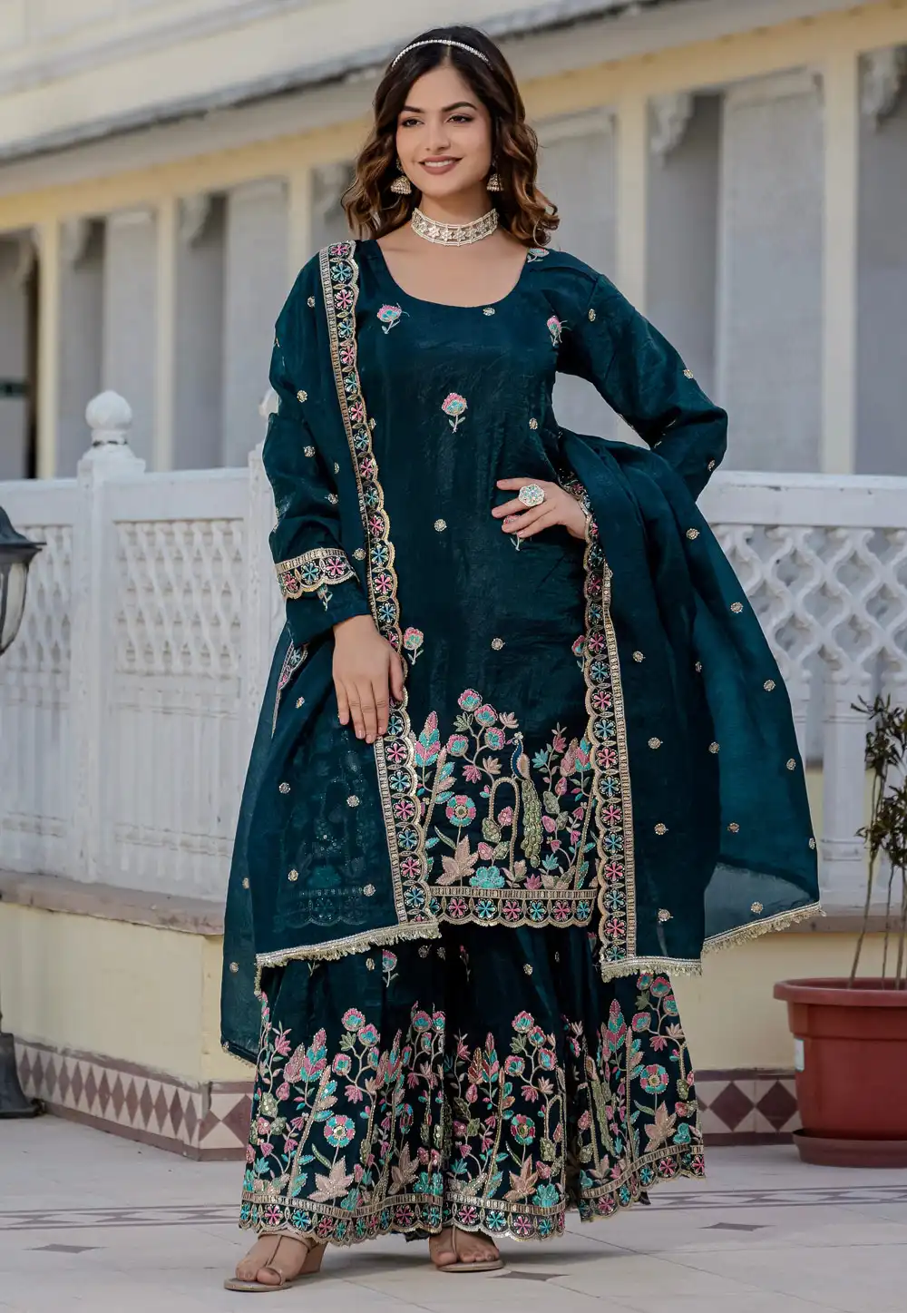 Teal Silk Readymade Gharara Suit 313730