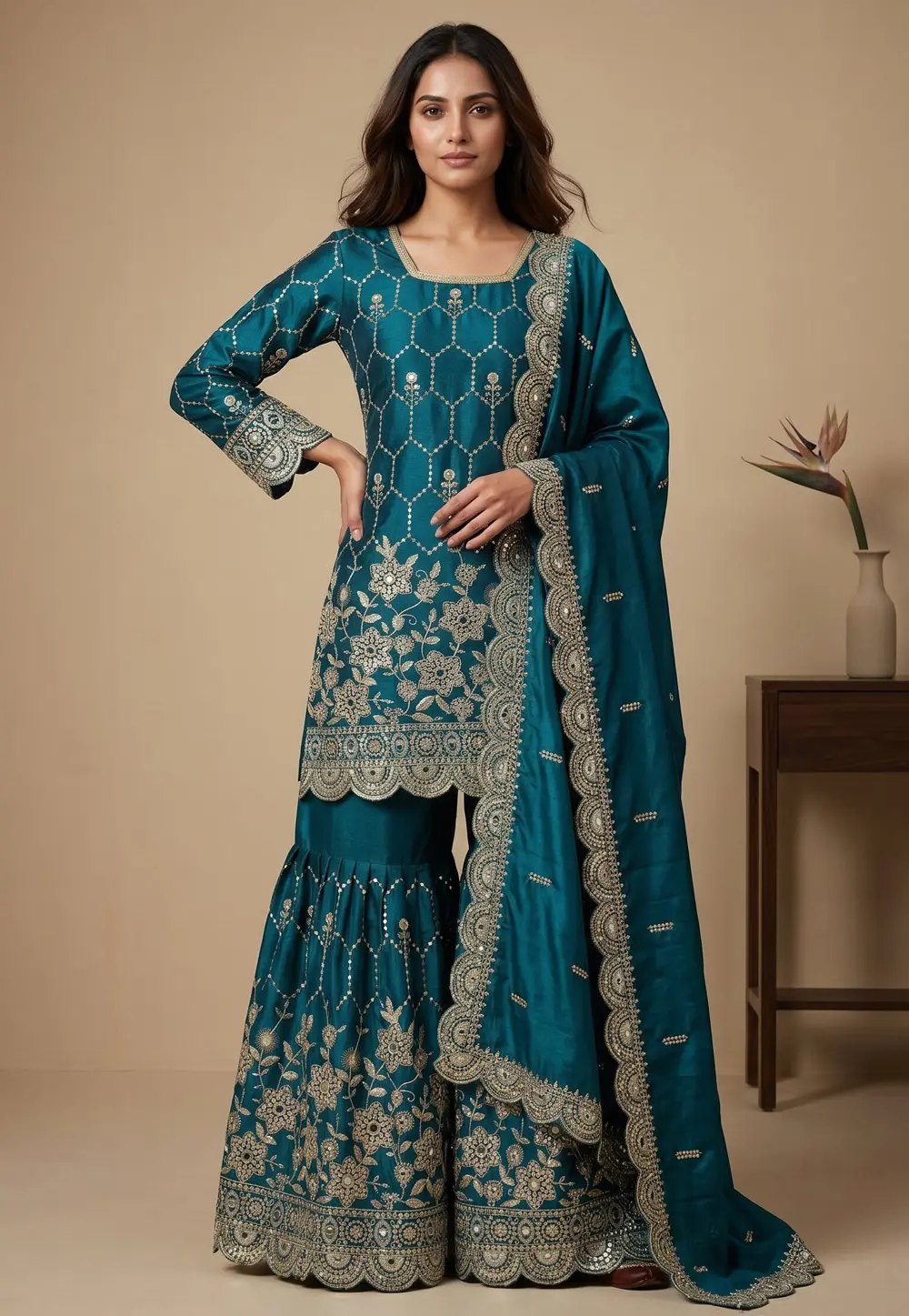 Teal Silk Readymade Gharara Suit 332009