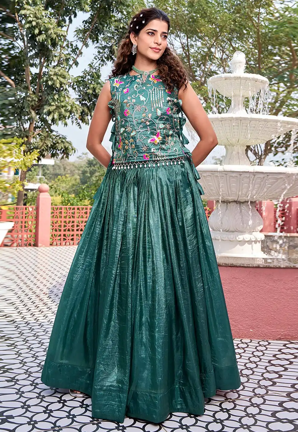 Teal Silk Readymade Indo Western Lehenga Choli 325903