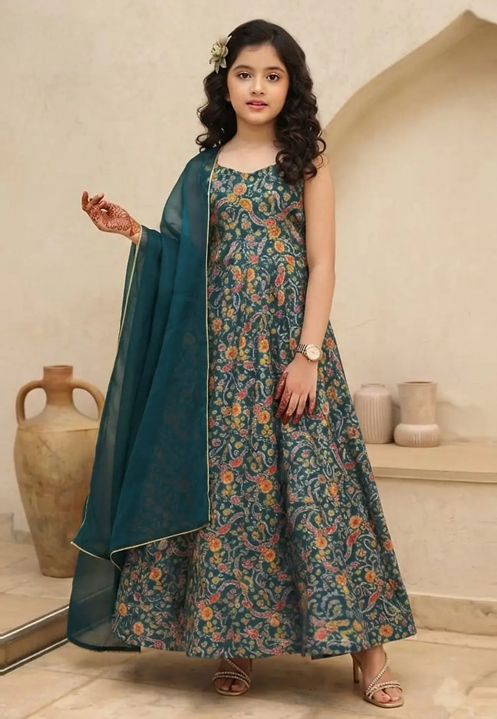 Teal Silk Readymade Kids Gown 333005