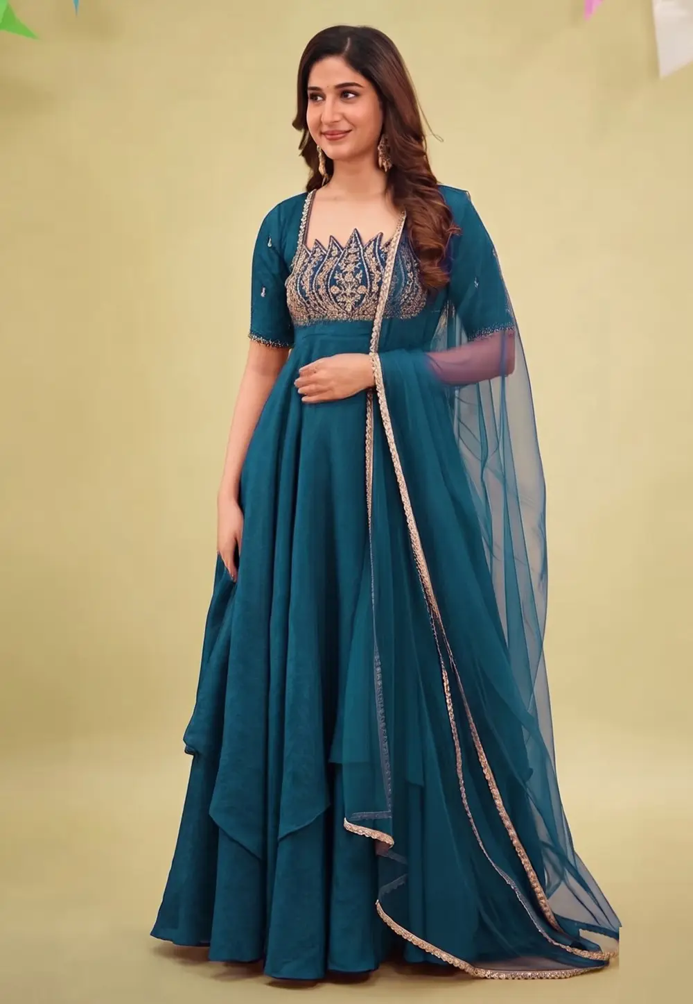 Teal Silk Readymade Long Anarkali Suit 337170
