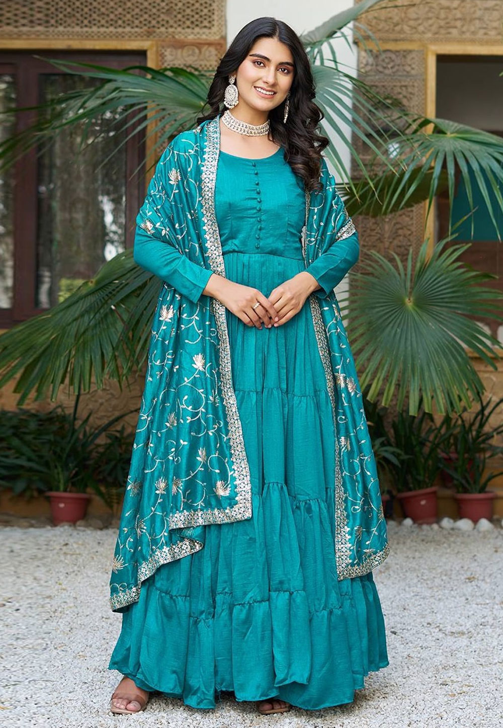 Teal Silk Readymade Long Anarkali Suit 311534